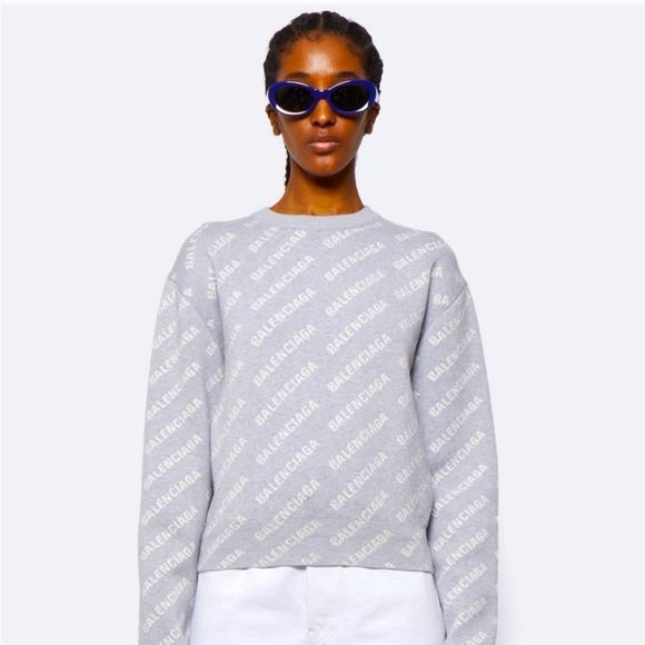 Balenciaga Allover Logo Crop Sweater GREY/WHITE, Size Medium